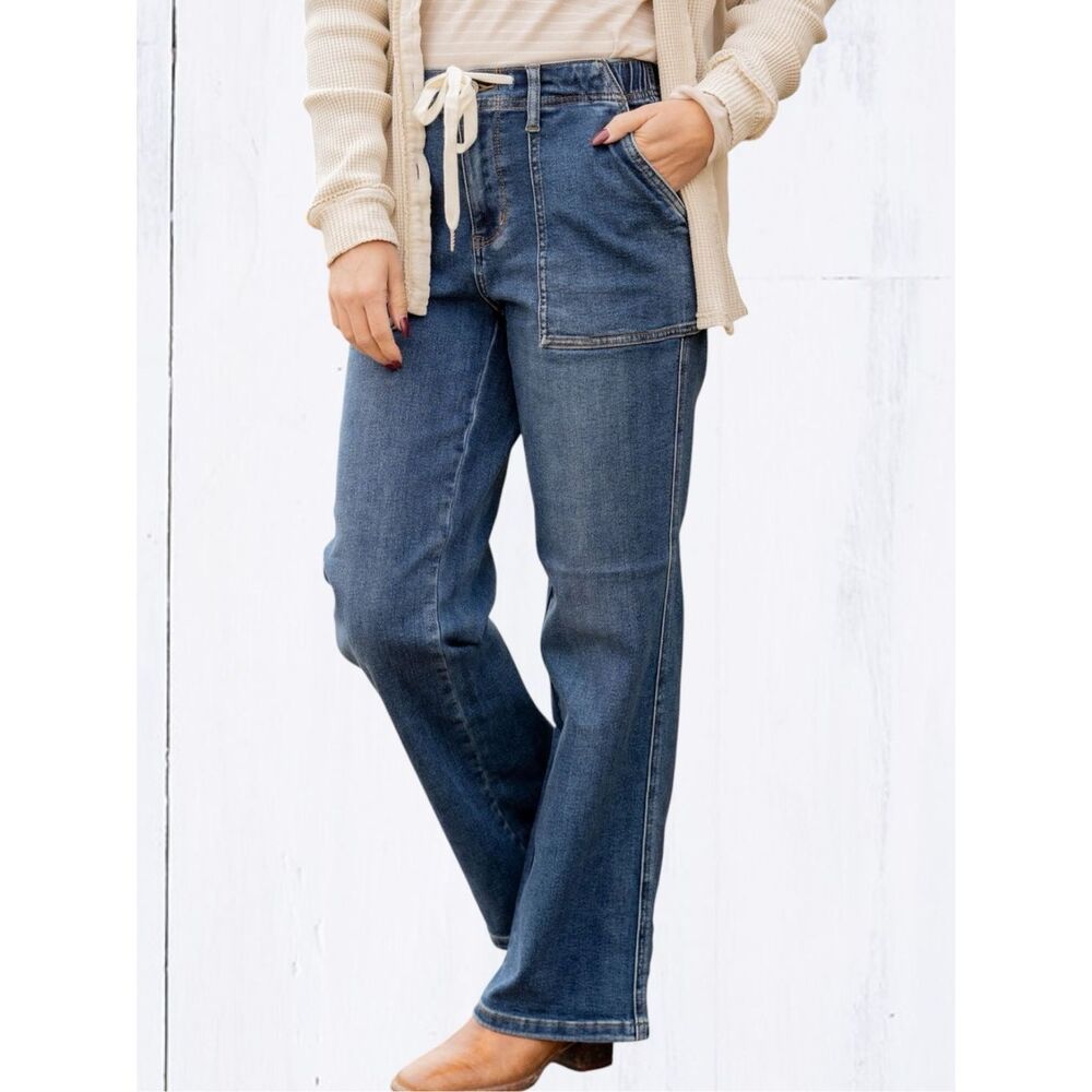 Judy Blue Drawstring Wide Leg Jeans High Rise Medium Wash Relaxed Fit NWT - Picture 4 of 16